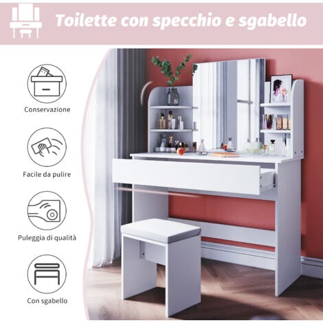 SIRHONA Toeletta con Specchio 108x40x140cm Tavolo da toeletta 
con vanity light a 3 colori e sgabello Moderno Mobile da Trucco - Bianca