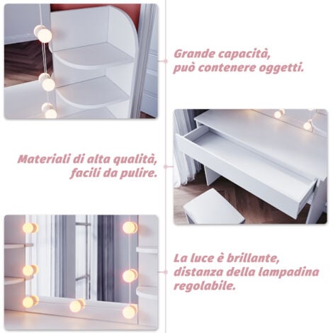 SIRHONA Toeletta con Specchio 108x40x140cm Tavolo da toeletta 
con vanity light a 3 colori e sgabello Moderno Mobile da Trucco - Bianca