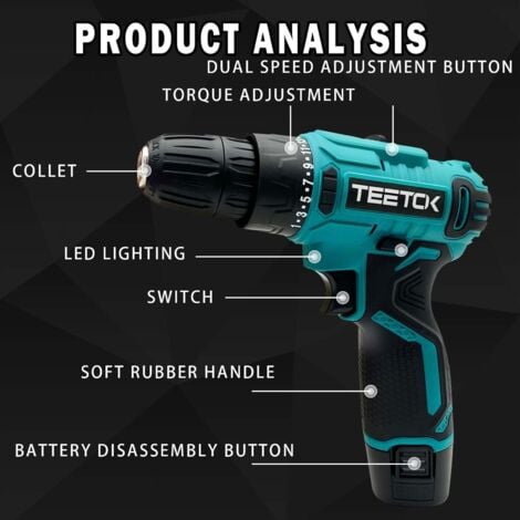Kit trapano avvitatore a batteria da 12 V, trapano combinato con 1 batteria agli ioni di litio da 1500 mAh, 17 accessori, 25 impostazioni di coppia, 2 velocità, mandrino da 3/8"