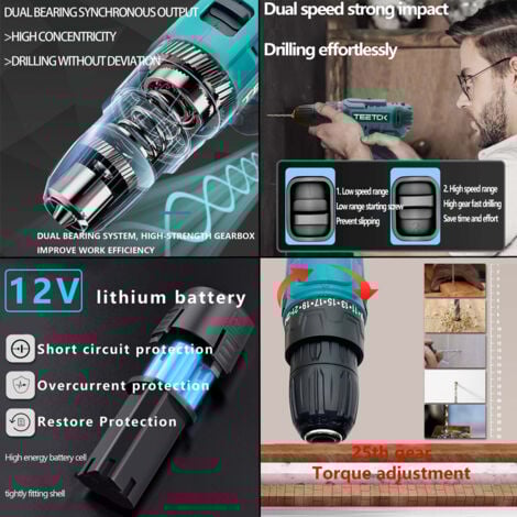 Kit trapano avvitatore a batteria da 12 V, trapano combinato con 1 batteria agli ioni di litio da 1500 mAh, 17 accessori, 25 impostazioni di coppia, 2 velocità, mandrino da 3/8"