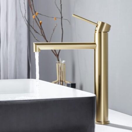 ONECE Rubinetto Bagno Lavabo Oro Spazzolato, Rubinetto Lavabo Alto da Appoggio, Miscelatore Bagno Monocomando in Acciaio Inox, Rubinetti Lavabo Oro per Bagno, Acqua Calda e Fredda, Aeratore Rimovibile