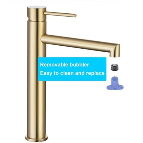 ONECE Rubinetto Bagno Lavabo Oro Spazzolato, Rubinetto Lavabo Alto da Appoggio, Miscelatore Bagno Monocomando in Acciaio Inox, Rubinetti Lavabo Oro per Bagno, Acqua Calda e Fredda, Aeratore Rimovibile