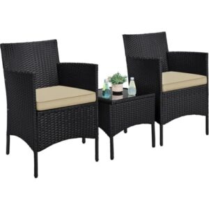 Yaheetech Set Mobili da Giardino 2 Poltrone con Cuscini e 1 Tavolino in Rattan PE Impermeabile per Esterno Nero/Cachi