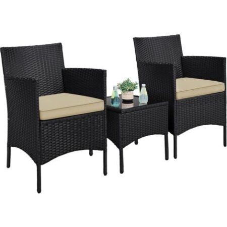 Yaheetech Set Mobili da Giardino 2 Poltrone con Cuscini e 1 Tavolino in Rattan PE Impermeabile per Esterno Nero/Cachi