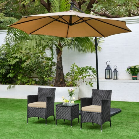 Yaheetech Set Mobili da Giardino 2 Poltrone con Cuscini e 1 Tavolino in Rattan PE Impermeabile per Esterno Nero/Cachi