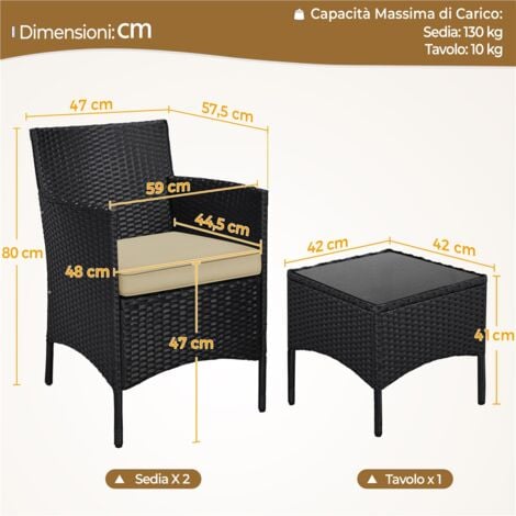 Yaheetech Set Mobili da Giardino 2 Poltrone con Cuscini e 1 Tavolino in Rattan PE Impermeabile per Esterno Nero/Cachi