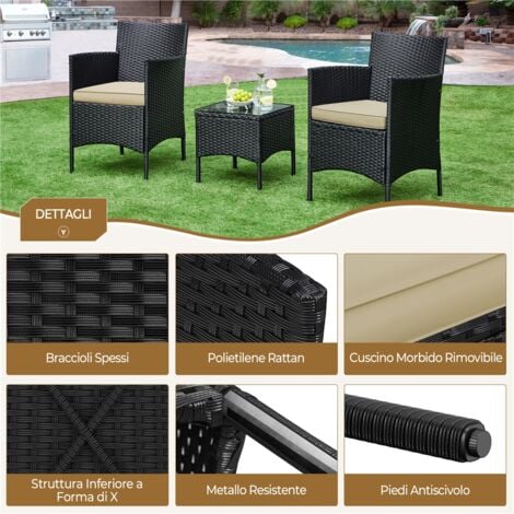 Yaheetech Set Mobili da Giardino 2 Poltrone con Cuscini e 1 Tavolino in Rattan PE Impermeabile per Esterno Nero/Cachi