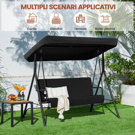 Yaheetech Dondolo da Giardino 3 Posti Reclinabile con Tettuccio Regolabile e Cuscini Imbottiti in Metallo e Tessuto Nero 170 × 112,5 × 162,5 cm Esterno Balcone Terrazzo Cortile