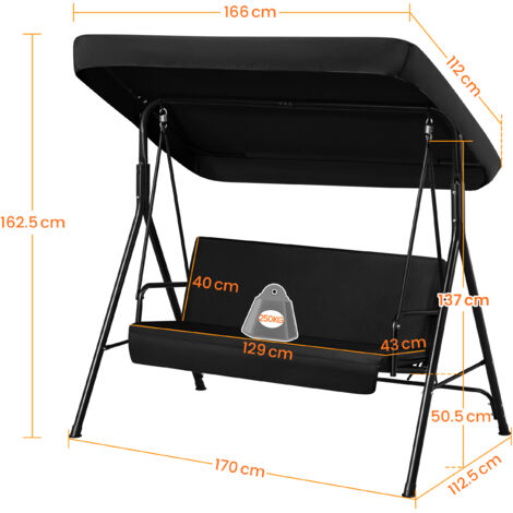 Yaheetech Dondolo da Giardino 3 Posti Reclinabile con Tettuccio Regolabile e Cuscini Imbottiti in Metallo e Tessuto Nero 170 × 112,5 × 162,5 cm Esterno Balcone Terrazzo Cortile