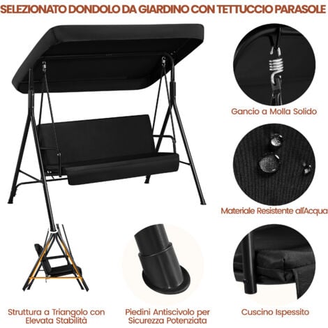 Yaheetech Dondolo da Giardino 3 Posti Reclinabile con Tettuccio Regolabile e Cuscini Imbottiti in Metallo e Tessuto Nero 170 × 112,5 × 162,5 cm Esterno Balcone Terrazzo Cortile