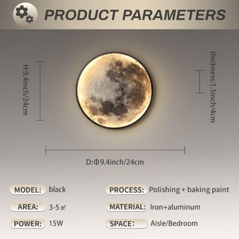 Applique da parete per interni Lampada da parete moderna a LED 15W Cerchio Design 6500K Nero Camera da letto Soggiorno 24 CM Ulisem