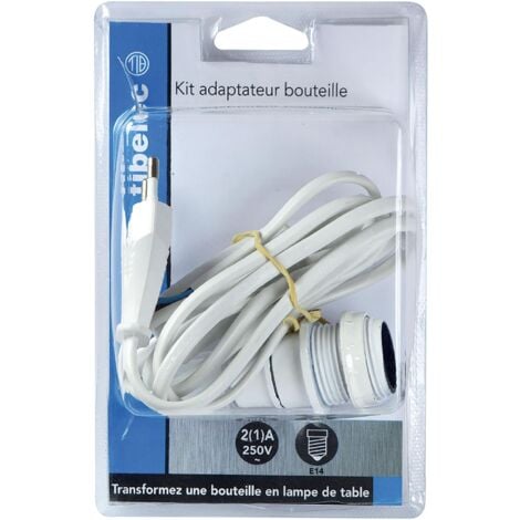 Tibelec 859110 - Adattatore da bottiglia E14, con interruttore e spina, colore: bianco