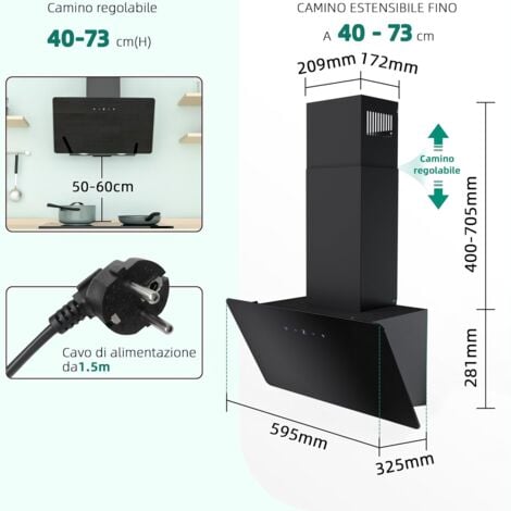 FIREGAS Cappa aspirante 60 cm, cappa aspirante con controllo touch, LED, motore senza spazzole, a basso rumore, potente cappa inclinata, efficienza A++ [Classe di efficienza energetica A++]