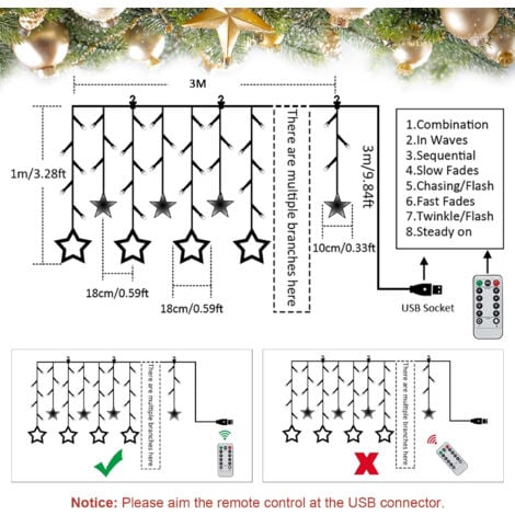 Tenda luminosa da 3 m, stella, luce bianca calda, ghirlanda, finestra, Natale, interni, USB, LED, decorazione natalizia, luminoso giardino camera da letto