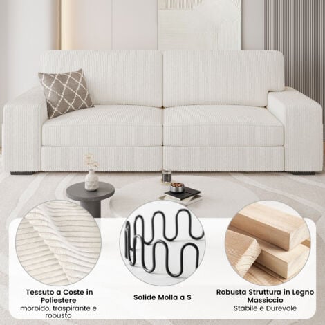 Yaheetech Divano a 2 Posti in Velluto Divanetto Imbottito con Braccioli e Schienale Sofa con Tasche Portaoggetti Laterali per Salotto Soggiorno 212 × 81 × 83 cm Avorio