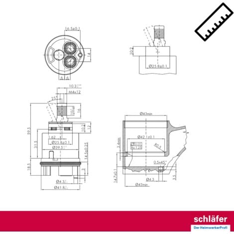 Schläfer 480063  Cartuccia Rubinetto Miscelatore 40mm, Cartuccia di Ricambio Universale in Ceramica con 2 Piedini, Per Rubinetti Miscelatori Monocomando di Cucina, Bagno, Doccia e Vasca