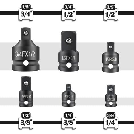 Set di 6 adattatori riduttori per chiavi a bussola da 1/4", 3/8", 1/2", 3/4"