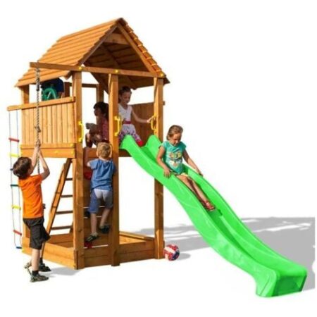 Parco giochi in legno Fungoo FORTRESS Casetta con Scivolo, Arrampicata e Sabbiera