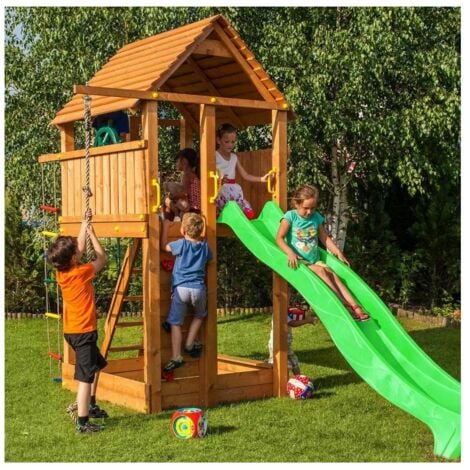Parco giochi in legno Fungoo FORTRESS Casetta con Scivolo, Arrampicata e Sabbiera