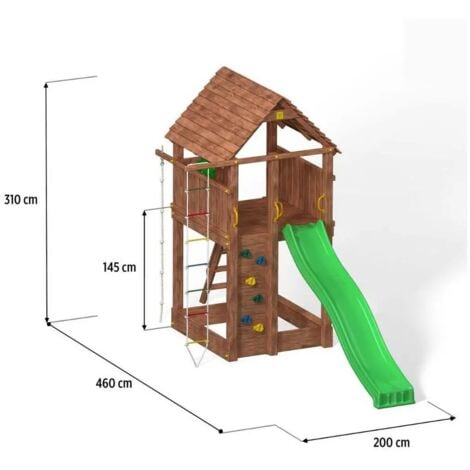 Parco giochi in legno Fungoo FORTRESS Casetta con Scivolo, Arrampicata e Sabbiera