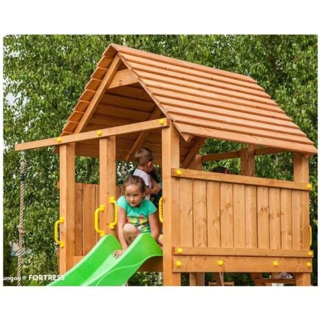Parco giochi in legno Fungoo FORTRESS Casetta con Scivolo, Arrampicata e Sabbiera