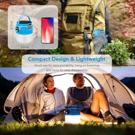 Lampada da campeggio a LED solare 6000MAH, Lanterna ricaricabile tramite USB, Lampada da campeggio portatile impermeabile, 3 modalità di illuminazione per tenda, per campeggio all'aperto ed escursioni