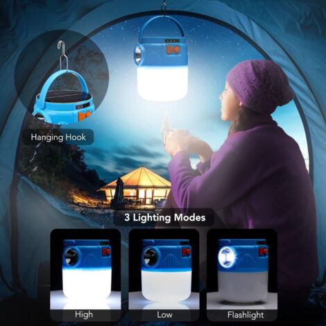 Lampada da campeggio a LED solare 6000MAH, Lanterna ricaricabile tramite USB, Lampada da campeggio portatile impermeabile, 3 modalità di illuminazione per tenda, per campeggio all'aperto ed escursioni