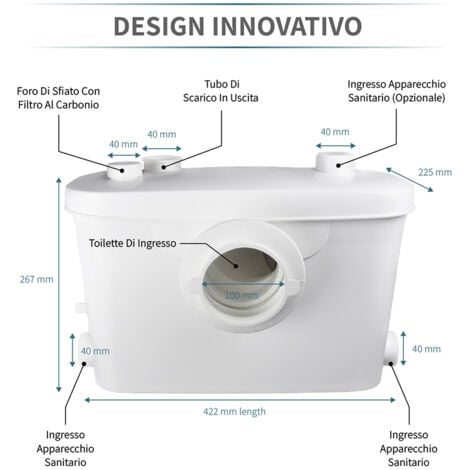 Trituratore Sanitario Maceratore Pompa 400W con motore silenzioso, design sottile e filtro a carbone per WC, doccia, lavandino, vasca da bagno, condizionatore d'aria o lavatrice
