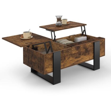 Mesa de centro PHOENIX con 2 tableros elevables en madera envejecida y negro