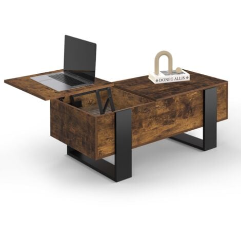 Mesa de centro PHOENIX con 2 tableros elevables en madera envejecida y negro