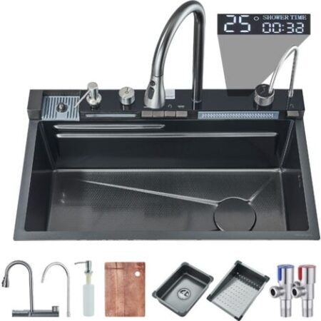 Lavello da Cucina Lavello cucina multifunzione Lavello a cascata Lavello da incasso con rubinetto digitale multifunzionale e vari accessori grigio canna di fucile