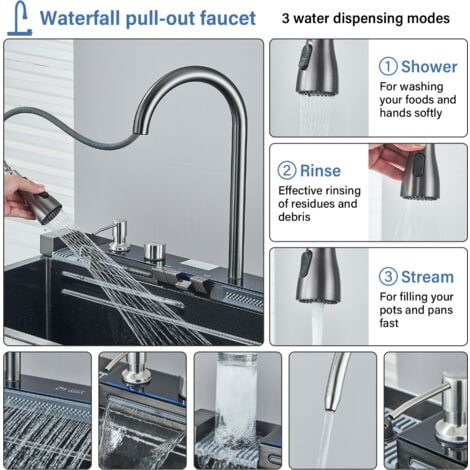 Lavello da Cucina Lavello cucina multifunzione Lavello a cascata Lavello da incasso con rubinetto digitale multifunzionale e vari accessori grigio canna di fucile