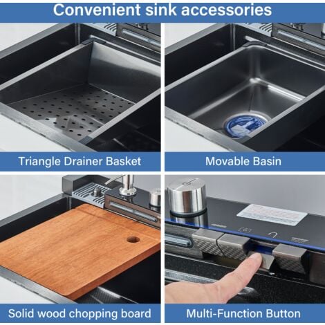 Lavello da Cucina Lavello cucina multifunzione Lavello a cascata Lavello da incasso con rubinetto digitale multifunzionale e vari accessori grigio canna di fucile
