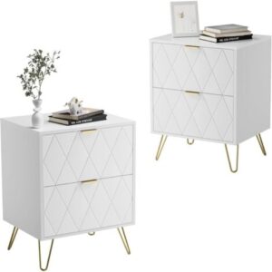 UEV Comodino Bianco Set di 2, Tavolino con 2 Cassetti in Legno, Comodino Piccolo Moderno, Maniglie e Gambe in Oro Cromato, per Camera da Letto, Soggiorno, 40 x 30 x 52 cm, Bianca