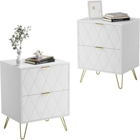 UEV Comodino Bianco Set di 2, Tavolino con 2 Cassetti in Legno, Comodino Piccolo Moderno, Maniglie e Gambe in Oro Cromato, per Camera da Letto, Soggiorno, 40 x 30 x 52 cm, Bianca