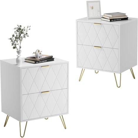 UEV Comodino Bianco Set di 2, Tavolino con 2 Cassetti in Legno, Comodino Piccolo Moderno, Maniglie e Gambe in Oro Cromato, per Camera da Letto, Soggiorno, 40 x 30 x 52 cm, Bianca