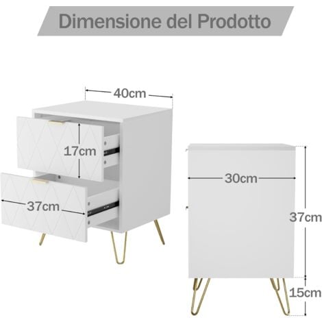UEV Comodino Bianco Set di 2, Tavolino con 2 Cassetti in Legno, Comodino Piccolo Moderno, Maniglie e Gambe in Oro Cromato, per Camera da Letto, Soggiorno, 40 x 30 x 52 cm, Bianca