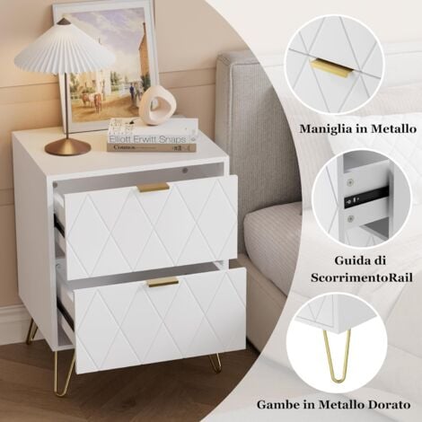 UEV Comodino Bianco Set di 2, Tavolino con 2 Cassetti in Legno, Comodino Piccolo Moderno, Maniglie e Gambe in Oro Cromato, per Camera da Letto, Soggiorno, 40 x 30 x 52 cm, Bianca