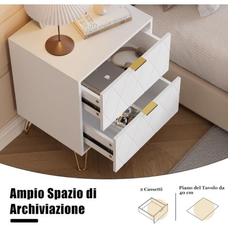 UEV Comodino Bianco Set di 2, Tavolino con 2 Cassetti in Legno, Comodino Piccolo Moderno, Maniglie e Gambe in Oro Cromato, per Camera da Letto, Soggiorno, 40 x 30 x 52 cm, Bianca