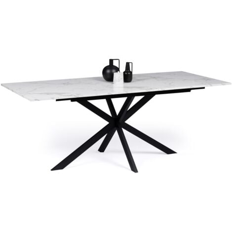 Tavolo da pranzo rettangolare allungabile per 6-10 persone ALASKA con effetto marmo bianco e gamba a ragno in metallo 160-200 cm