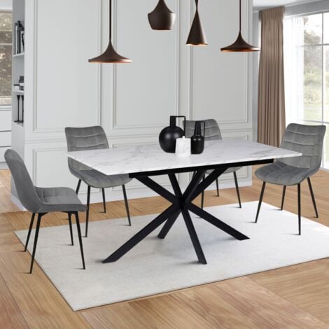 Tavolo da pranzo rettangolare allungabile per 6-10 persone ALASKA con effetto marmo bianco e gamba a ragno in metallo 160-200 cm