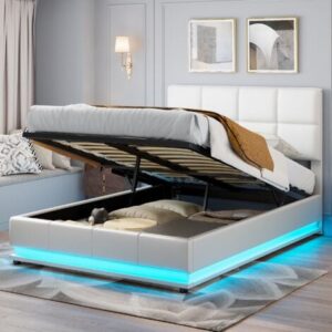 Letto contenitore matrimoniale 140×190 cm,Letto imbottito con testiera illuminata a LED, giroletto con contenitore, rete a doghe, letto adulto, similpelle – Bianco