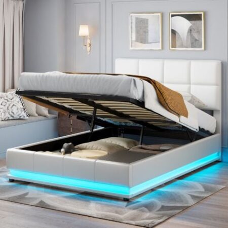 Letto contenitore matrimoniale 140x190 cm,Letto imbottito con testiera illuminata a LED, giroletto con contenitore, rete a doghe, letto adulto, similpelle - Bianco