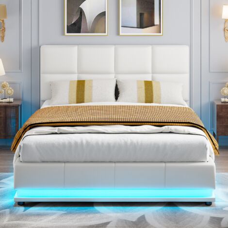Letto contenitore matrimoniale 140x190 cm,Letto imbottito con testiera illuminata a LED, giroletto con contenitore, rete a doghe, letto adulto, similpelle - Bianco