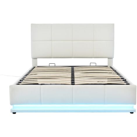 Letto contenitore matrimoniale 140x190 cm,Letto imbottito con testiera illuminata a LED, giroletto con contenitore, rete a doghe, letto adulto, similpelle - Bianco