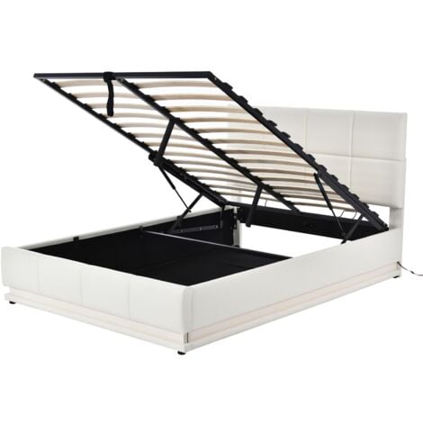 Letto contenitore matrimoniale 140x190 cm,Letto imbottito con testiera illuminata a LED, giroletto con contenitore, rete a doghe, letto adulto, similpelle - Bianco