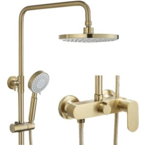 Colonna Doccia D’oro con Miscelatore Monocomando Altezza Regolabile Sistem di Doccia, Set da Doccia a Parete con 23CM ABS Rotondo Soffione, 3 Funzioni Doccetta