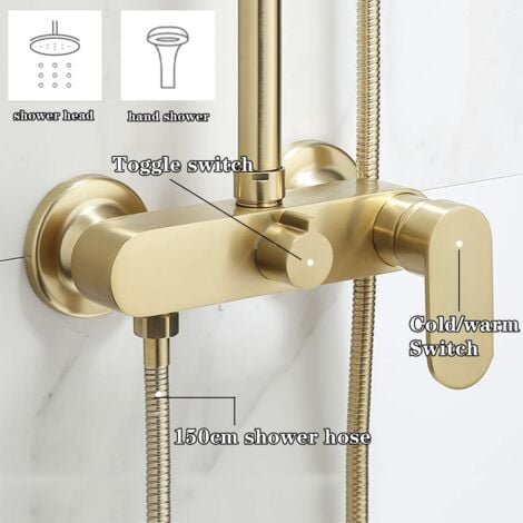 Colonna Doccia D'oro con Miscelatore Monocomando Altezza Regolabile Sistem di Doccia, Set da Doccia a Parete con 23CM ABS Rotondo Soffione, 3 Funzioni Doccetta