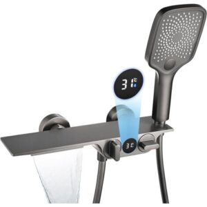 Rubinetti Vasca con Cascata, Rubinetto Vasca da Bagno Con Display Della Temperatura, Rubinetto Doccia in Ottone, Miscelatore per Vasca da Bagno con 3 Funzioni Doccetta (Grigio)