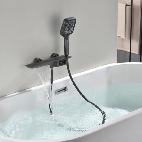 Rubinetti Vasca con Cascata, Rubinetto Vasca da Bagno Con Display Della Temperatura, Rubinetto Doccia in Ottone, Miscelatore per Vasca da Bagno con 3 Funzioni Doccetta (Grigio)